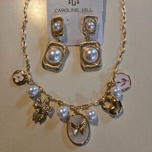 9 charm gold necklace with coordinating pearl & gold earrings